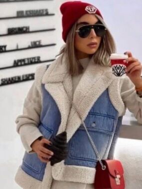 ZARA ZW Collection Double Faced Faux Shearling Denim Vest NWT Oversized Boxy M